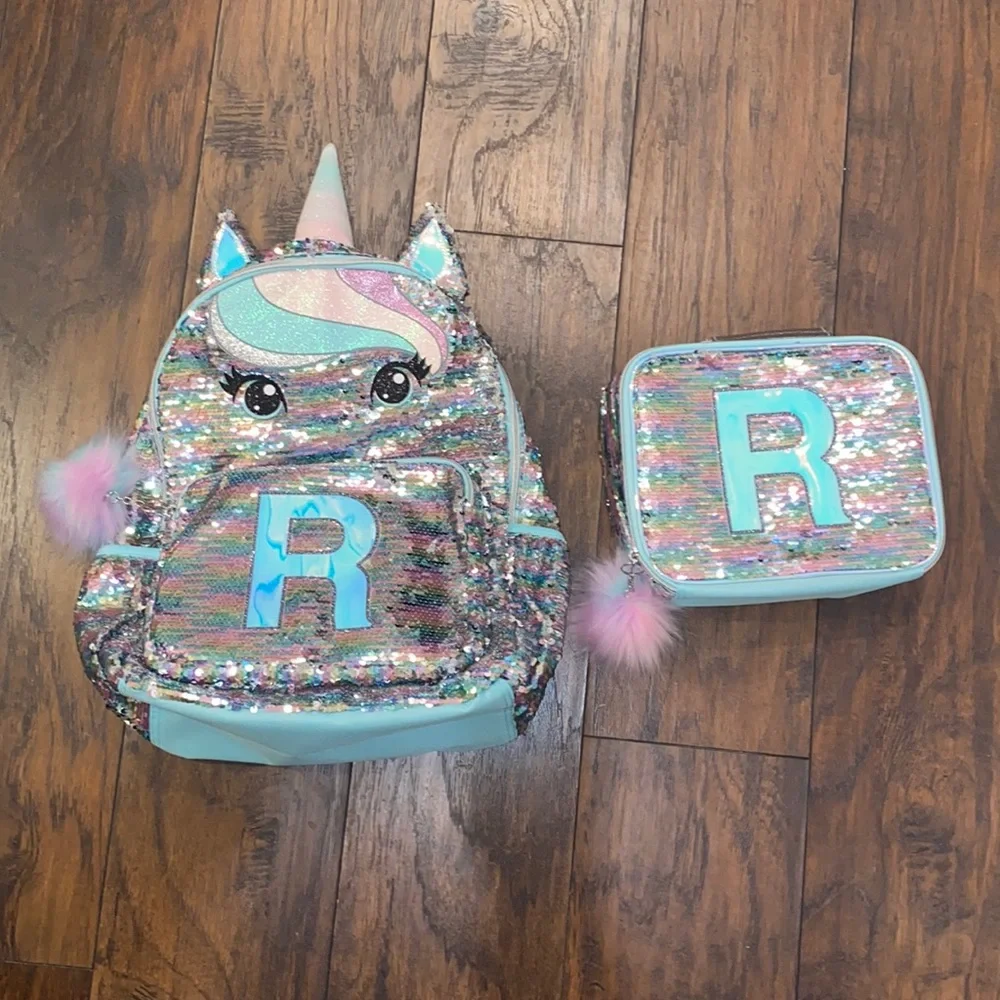 Justice Sequin 🦄 Unicorn Initial R Backpack and Lunch Box